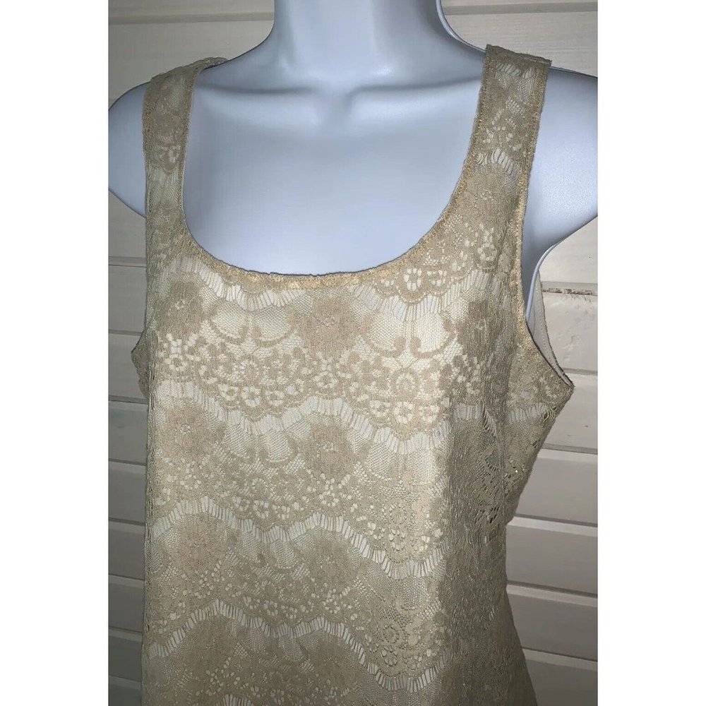BANANA REPUBLIC Sz SMALL Khaki Cotton Nylon Eyelash Lace Overlay Tank Tunic EUC